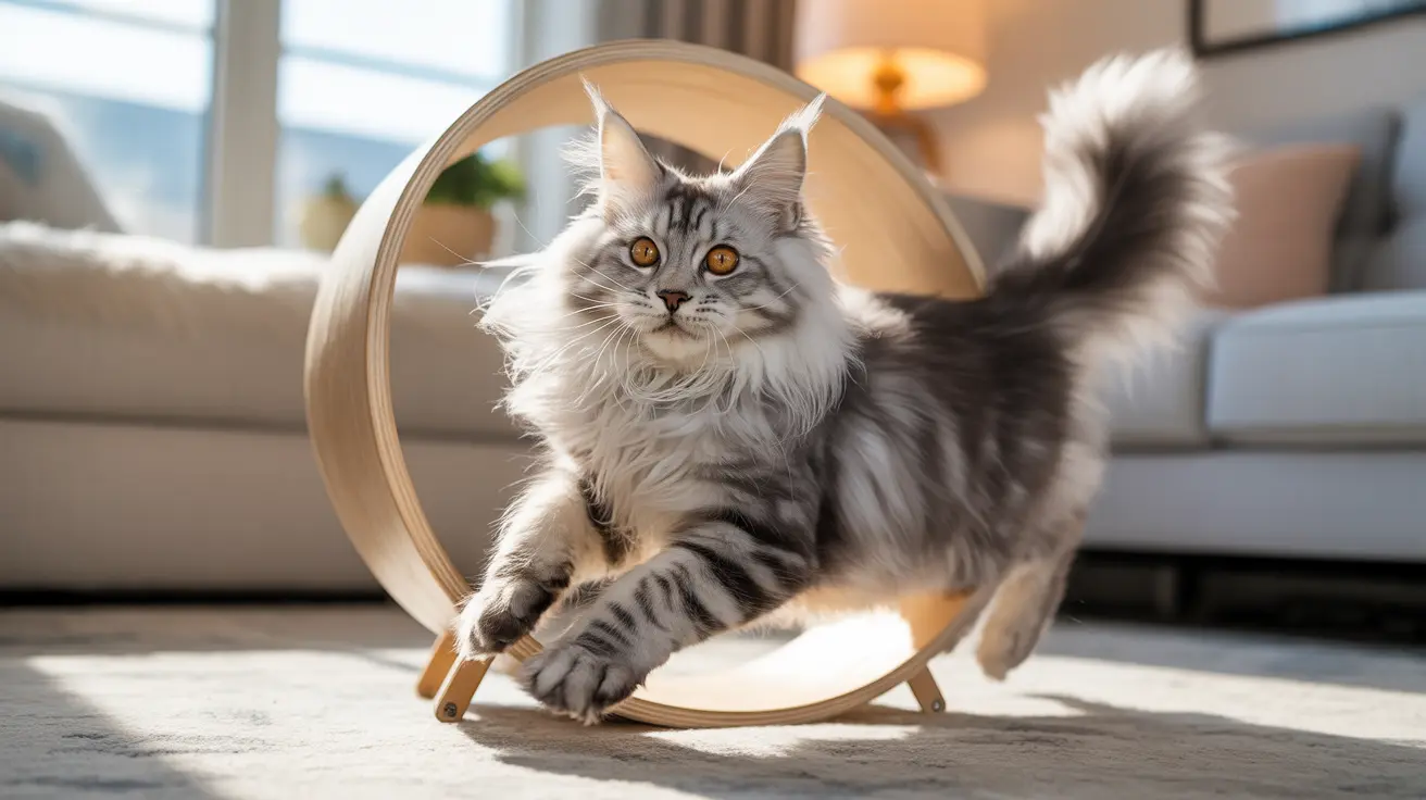 Un gato Maine Coon esponjoso sentado en una cama circular de madera para gatos cerca de una ventana