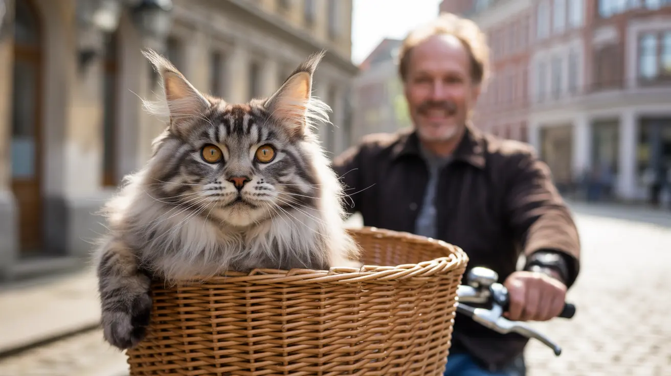 Large fluffy Maine Coon cat sitting majestically in a woven bicycle basket on a city street