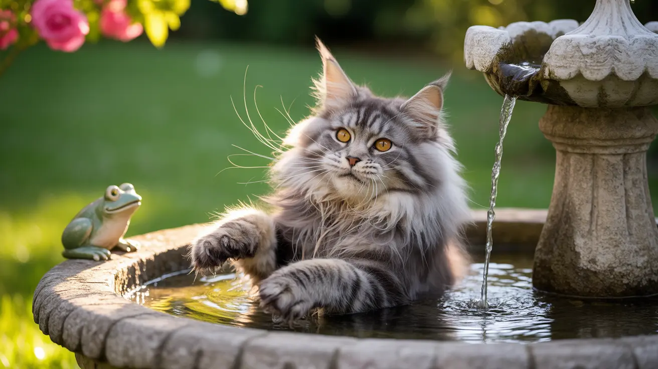 Fluffy Maine Coon cat relaxing in a stone bird bath with a ceramic frog nearby