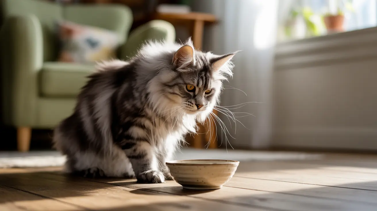 Fluffy tabby and white Maine Coon cat sitting by a ceramic bowl on wooden floor in bright living room