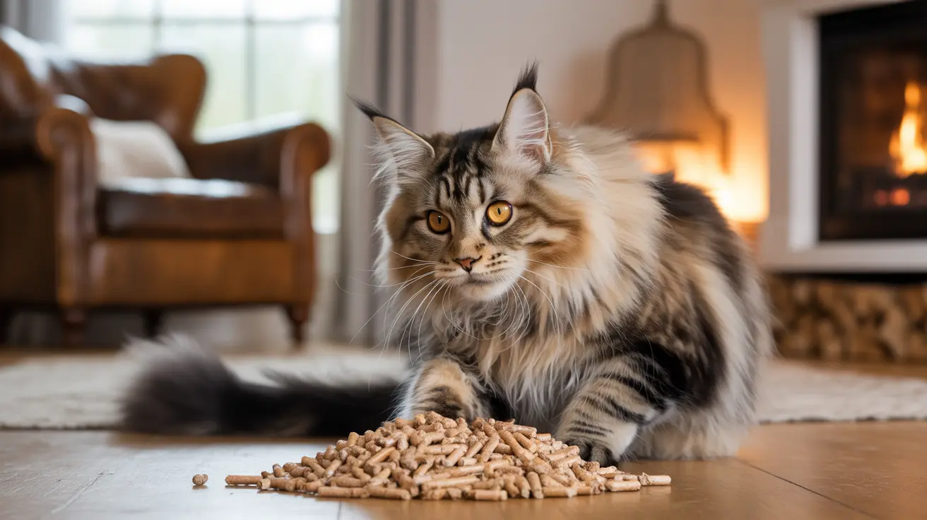 A fluffy Maine Coon cat sitting next to a pile of cat food pellets in a cozy living room