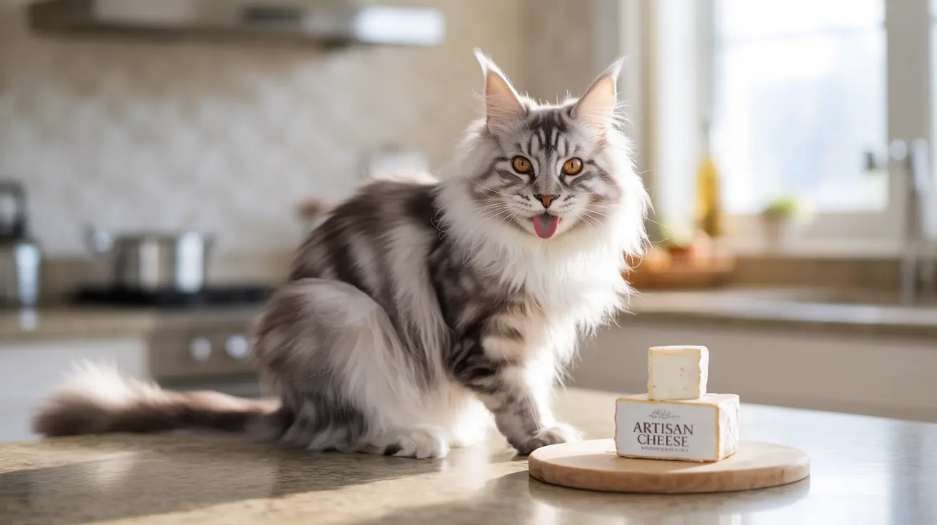 A fluffy Maine Coon cat sitting near an artisan cheese board, playfully sticking out its tongue