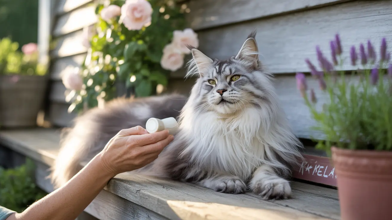 A large fluffy Maine Coon cat sitting on wood with a hand gently touching its side