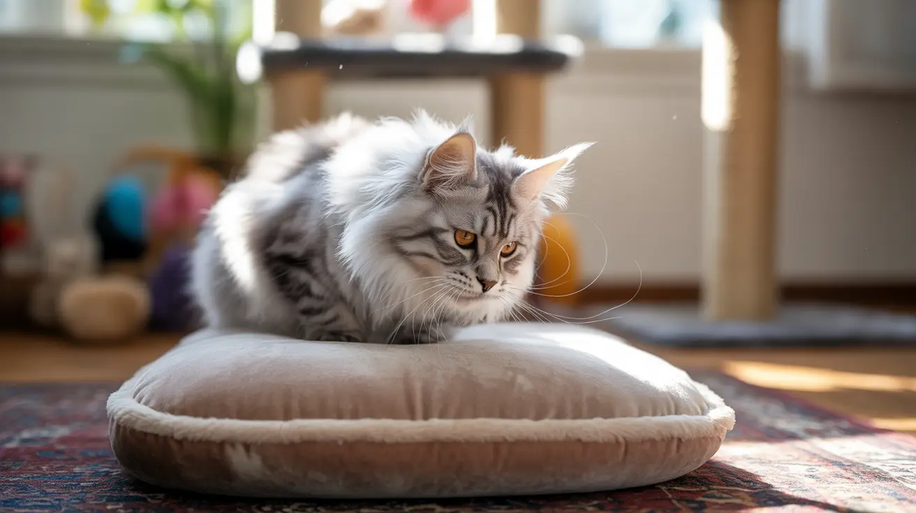 Fluffy Maine Coon cat sitting on a beige cushion in a bright modern living room
