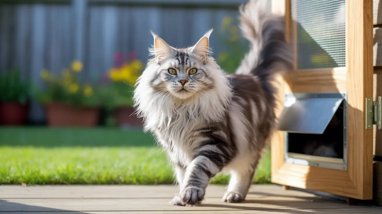 Fluffy Maine Coon cat walking through a wooden backyard cat door