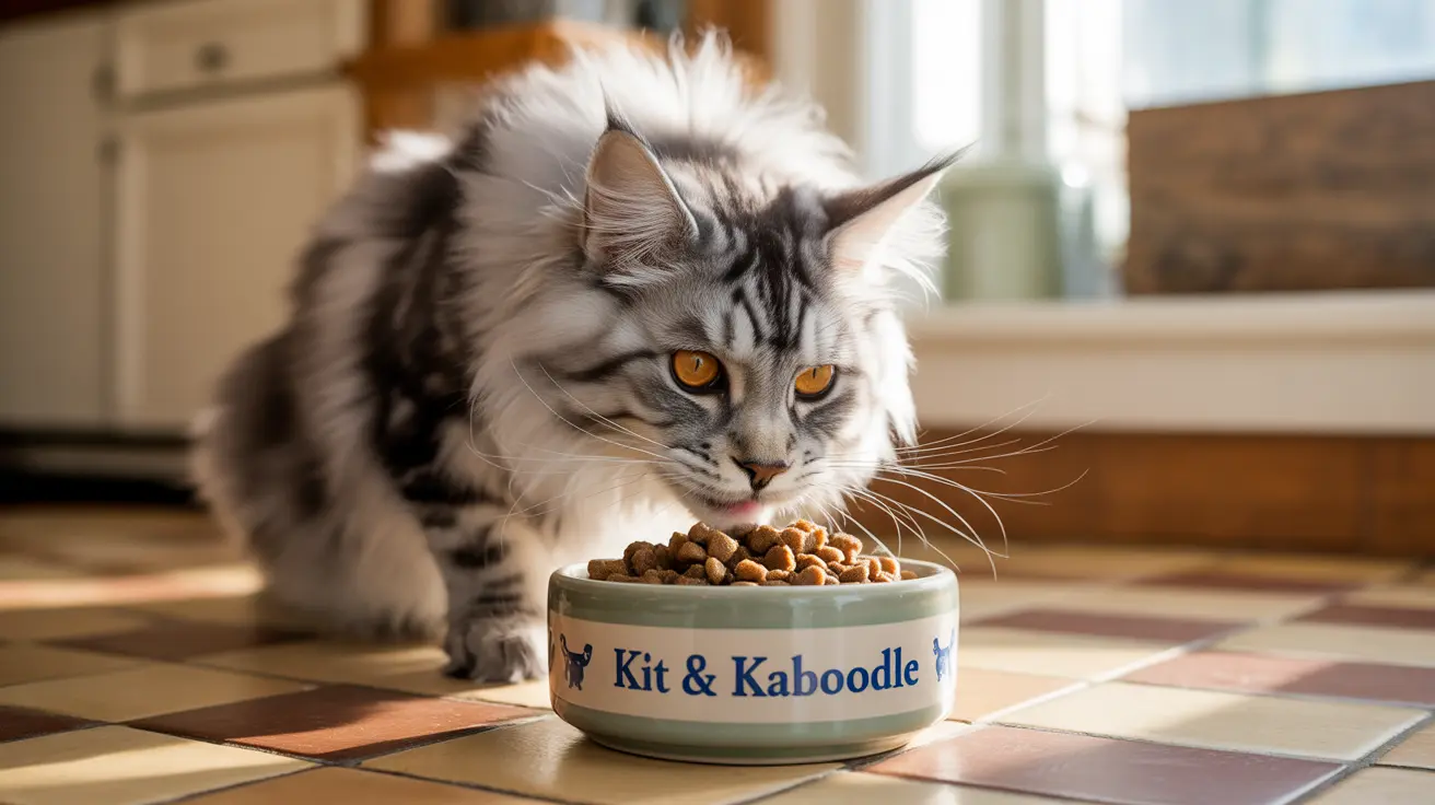 A fluffy Maine Coon cat eating dry food from a personalized ceramic bowl
