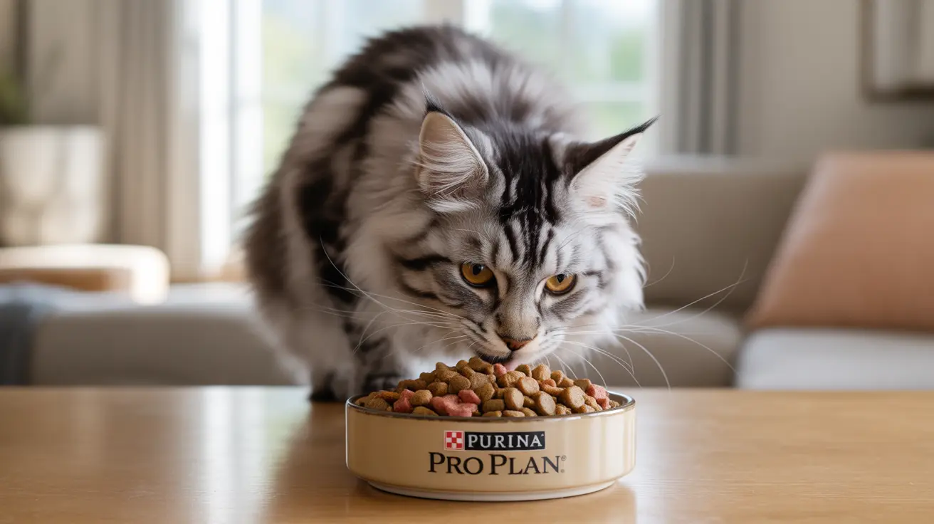 Um gato Maine Coon fofo comendo de uma tigela de comida Purina Pro Plan
