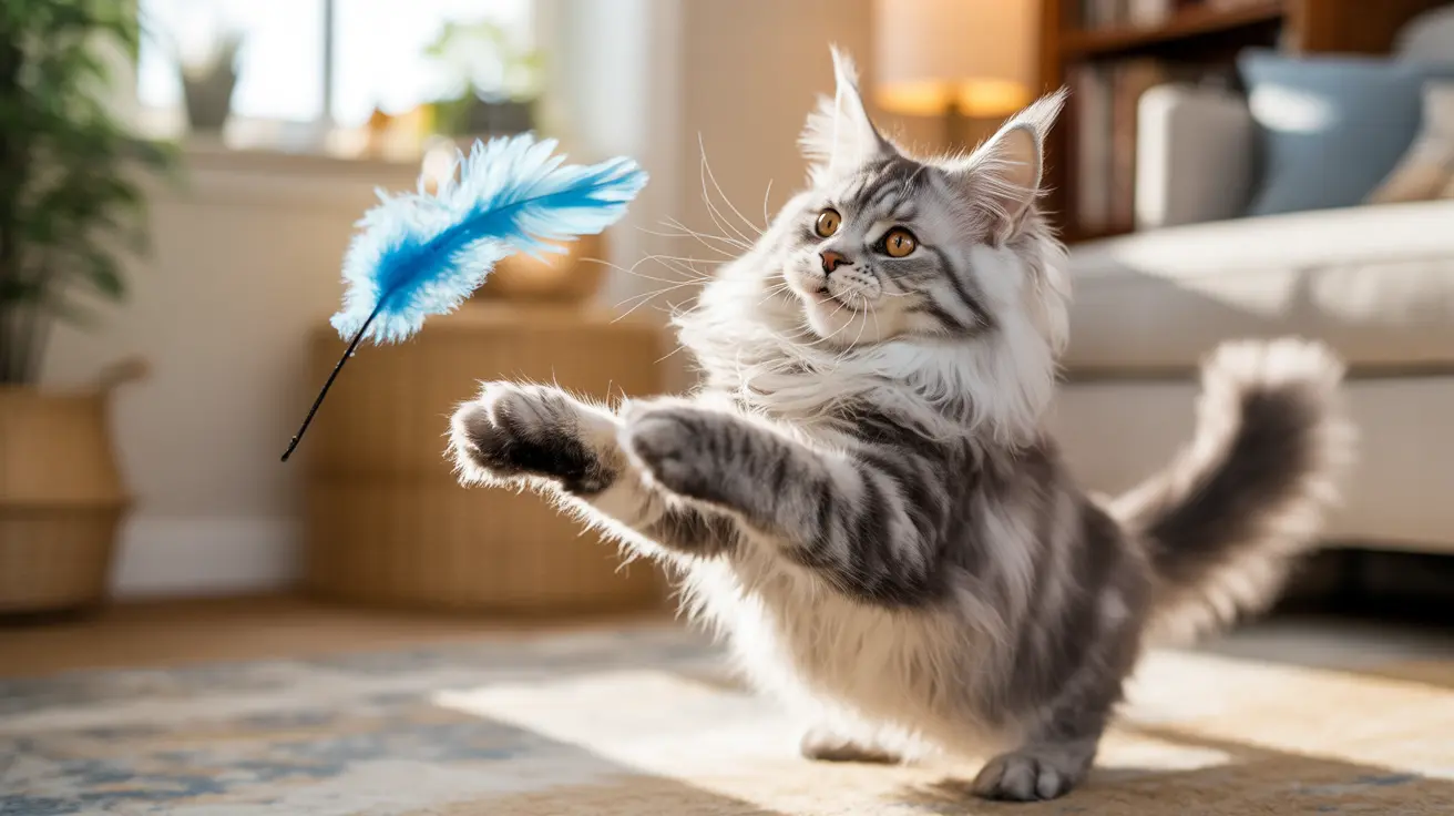 A fluffy gray and white Maine Coon cat playfully reaching for a blue feather toy in a bright, sunlit living room.