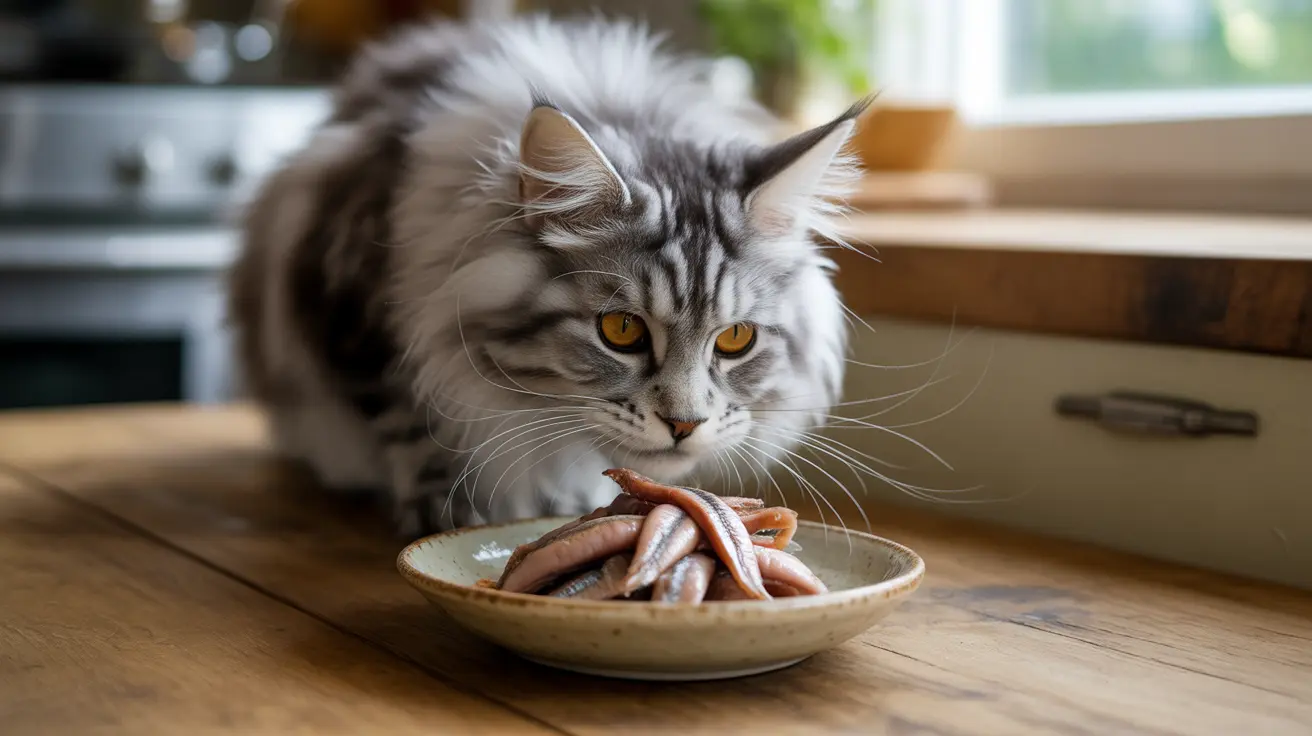 A fluffy Maine Coon cat intently looking at a plate of fish on a wooden surface