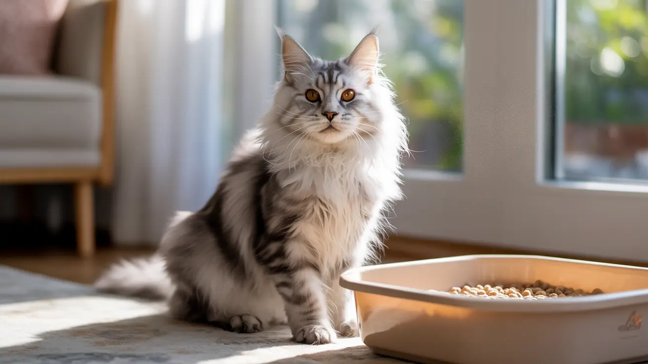 Un gato Maine Coon esponjoso con ojos color ámbar sentado junto a un cuenco de comida en una habitación luminosa y soleada