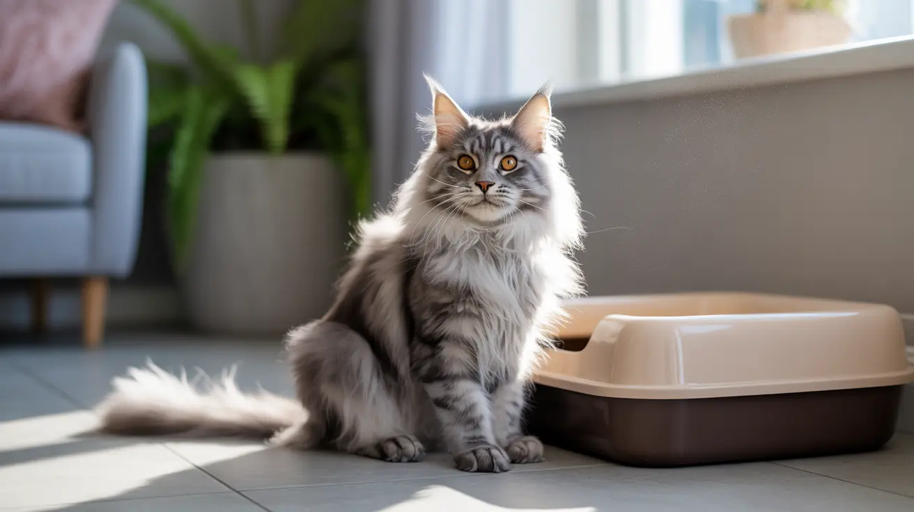 Fluffy Maine Coon cat with ear tufts sitting alertly next to a food bowl indoors