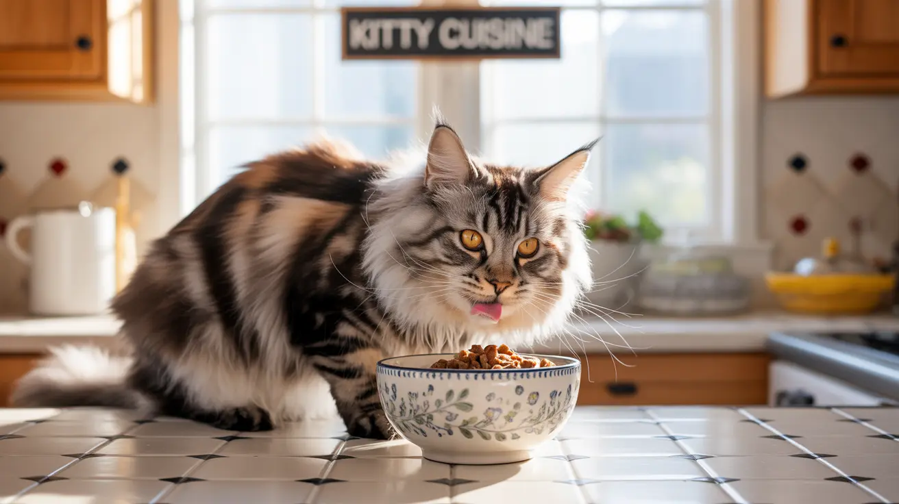 A fluffy Maine Coon cat sitting next to a bowl of cat food in a kitchen with a 'Kitty Cuisine' sign