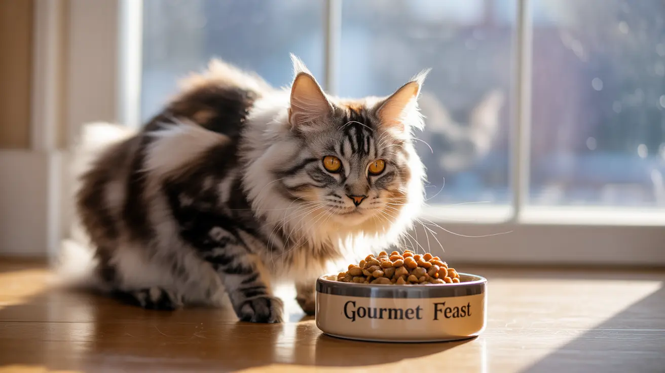 A fluffy Maine Coon cat sitting next to a bowl of cat food in a sunlit room