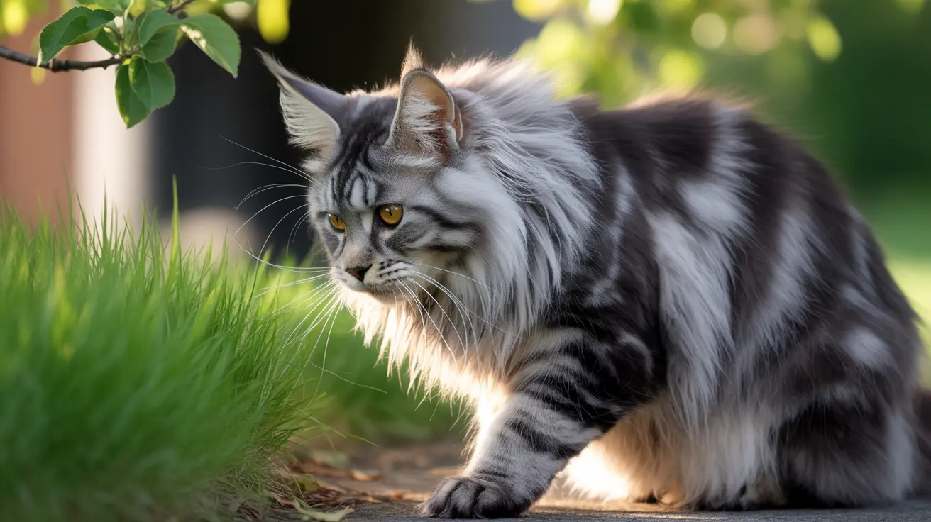 Fluffy Maine Coon cat with silver and black tabby markings sitting alertly in a garden
