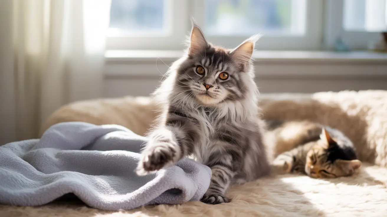 A fluffy Maine Coon cat sitting alertly on a soft gray blanket with another cat resting nearby