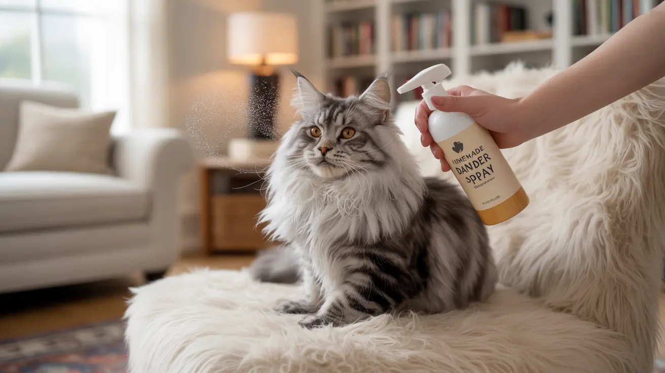 A fluffy Maine Coon cat being sprayed with a grooming product in a cozy living room setting