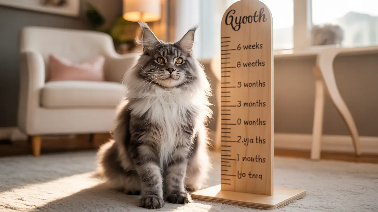 Un gato Maine Coon esponjoso sentado junto a una tabla de crecimiento de madera en una sala de estar acogedora