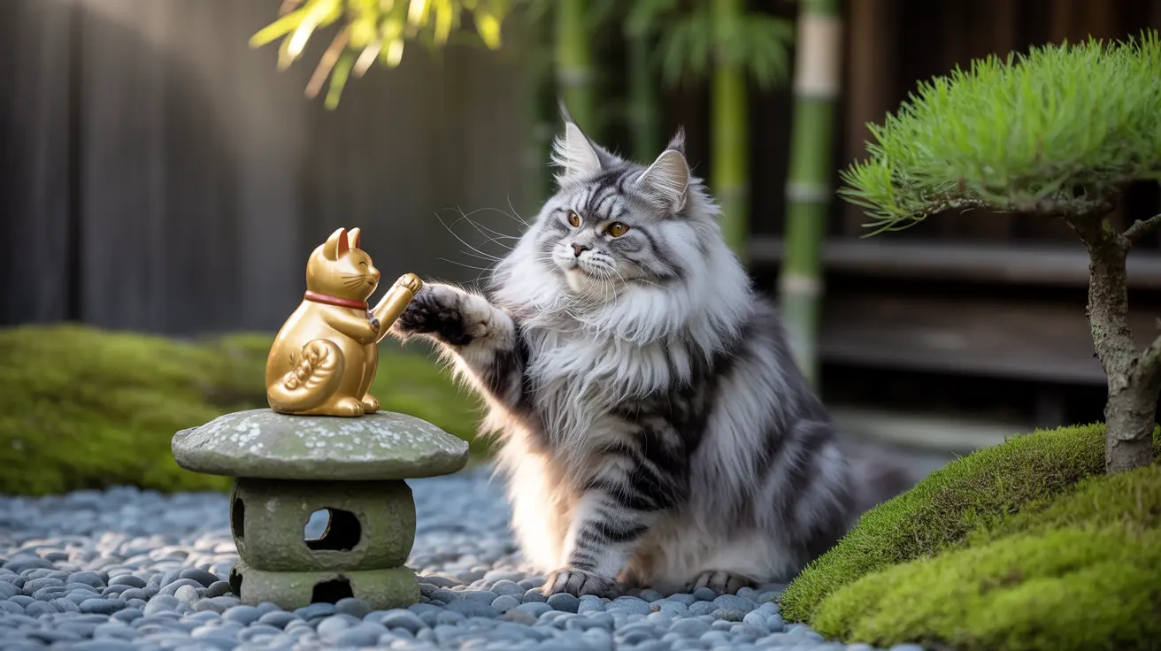 A fluffy silver and white Maine Coon cat playfully touching a golden cat-shaped figurine in a serene Japanese-inspired garden