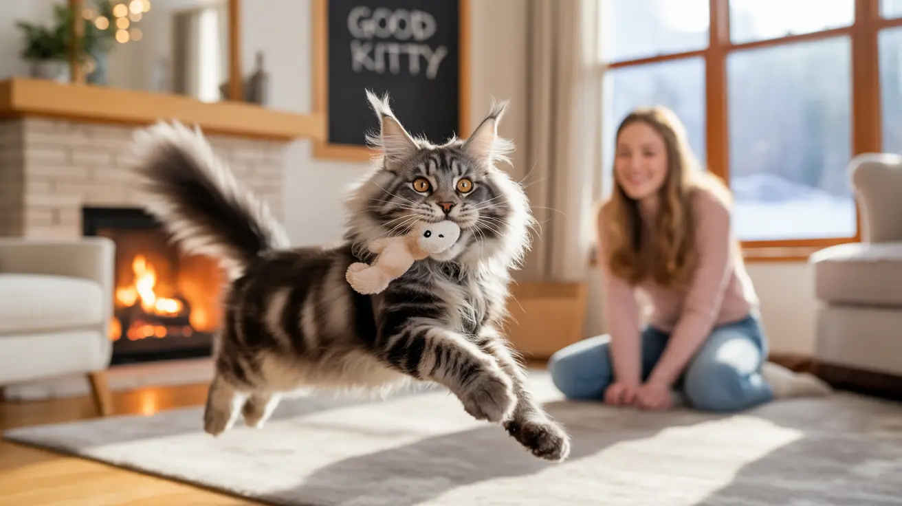 A fluffy Maine Coon cat mid-leap holding a small plush toy in a cozy living room