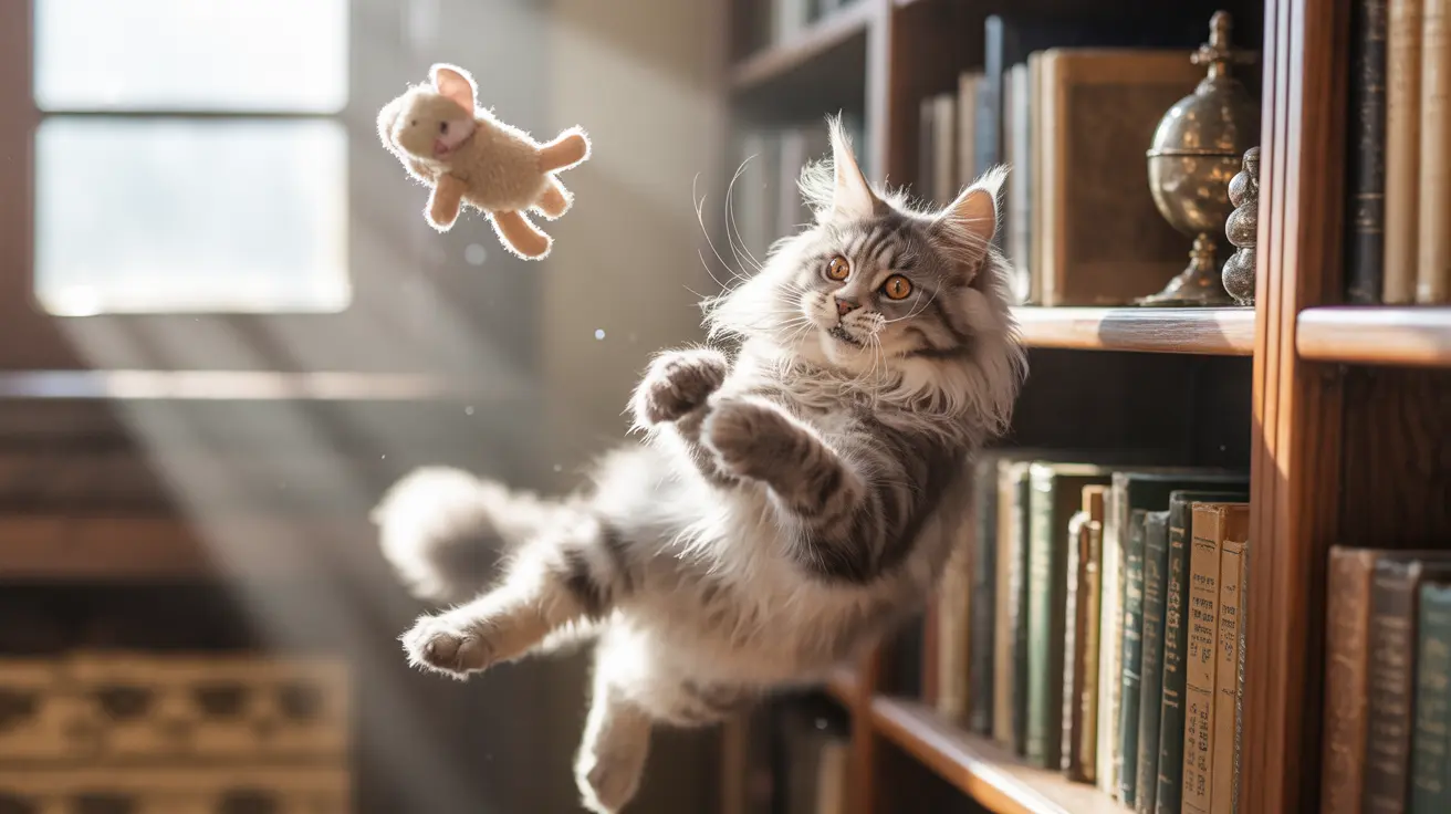 Fluffy Maine Coon cat leaping mid-air while playing with a stuffed toy
