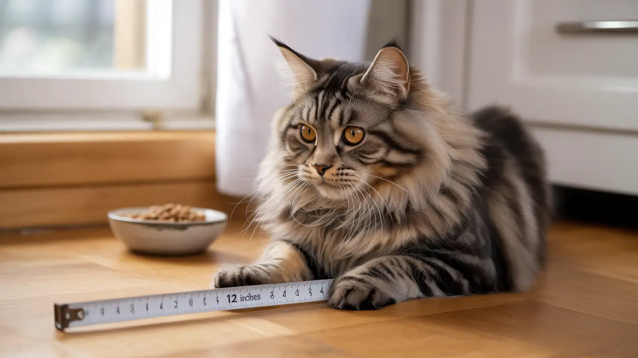 A fluffy Maine Coon cat sitting next to a measuring tape and food bowl on a wooden floor