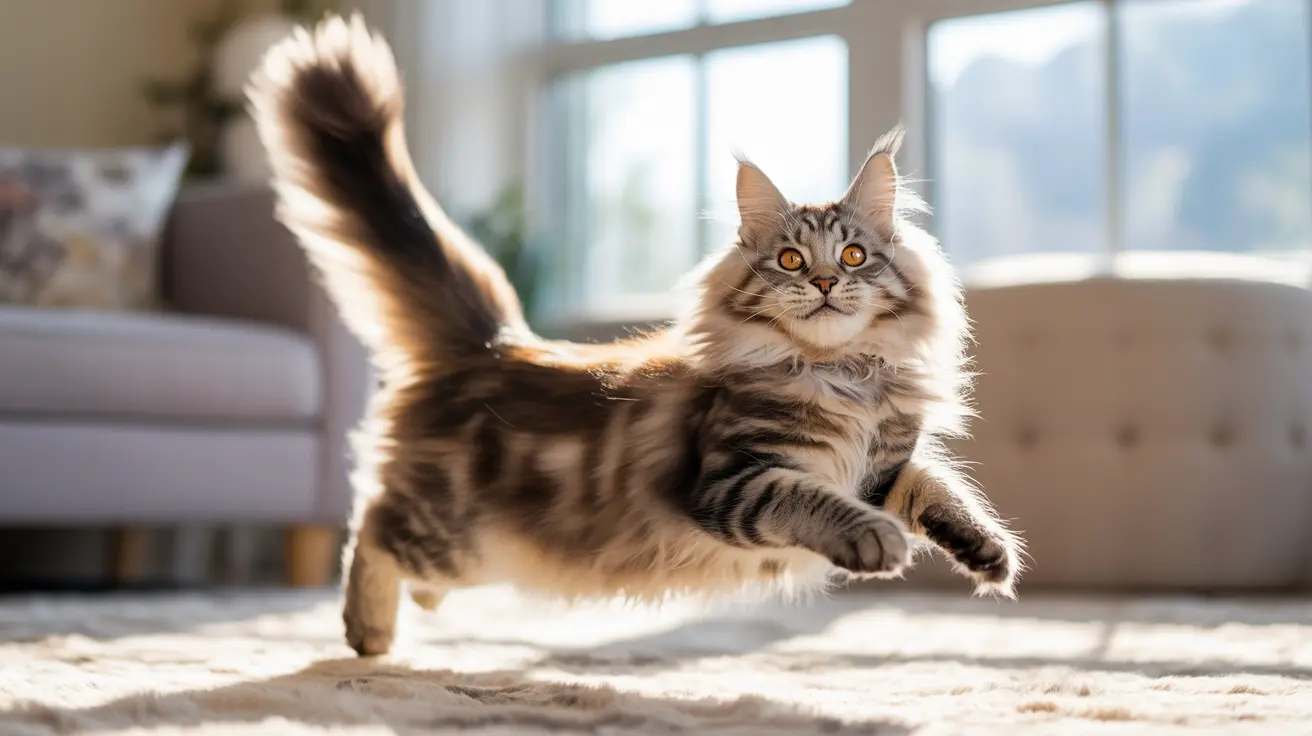 Fluffy Maine Coon cat mid-leap with sunlight highlighting its fur