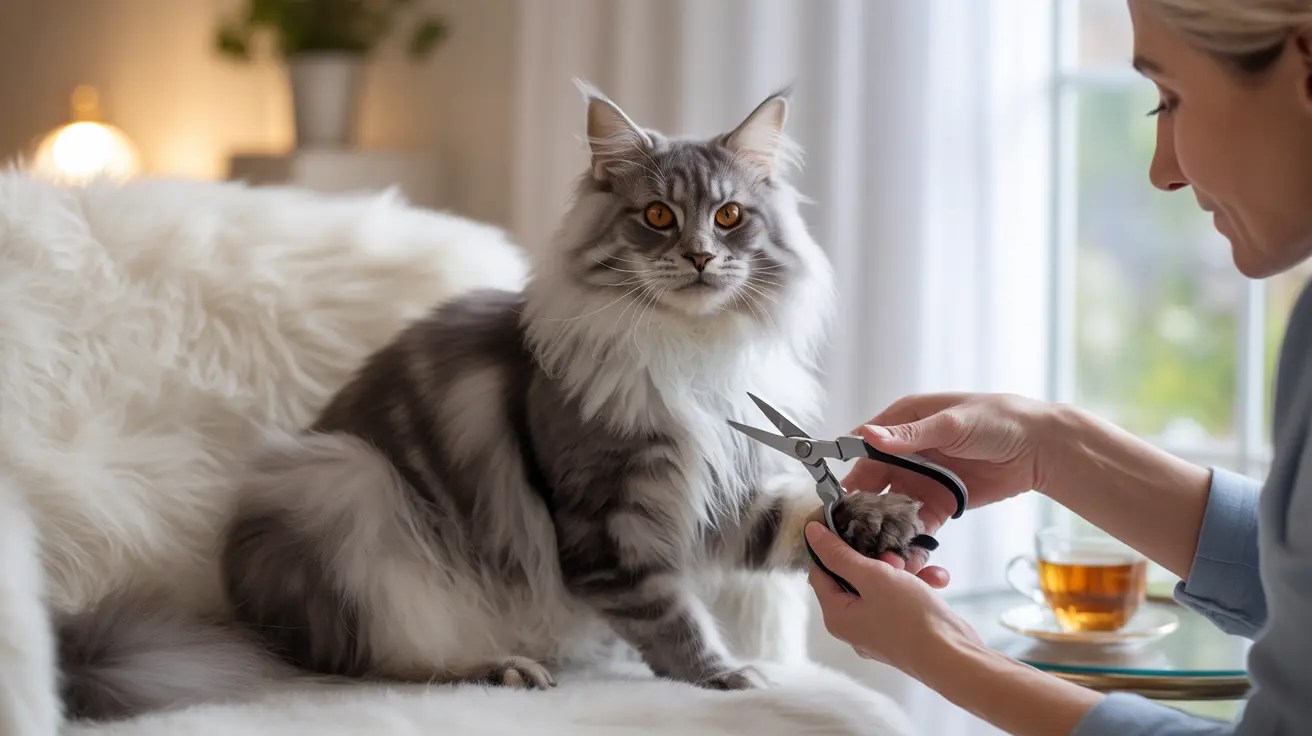A fluffy Maine Coon cat having its nails trimmed by a person near a window