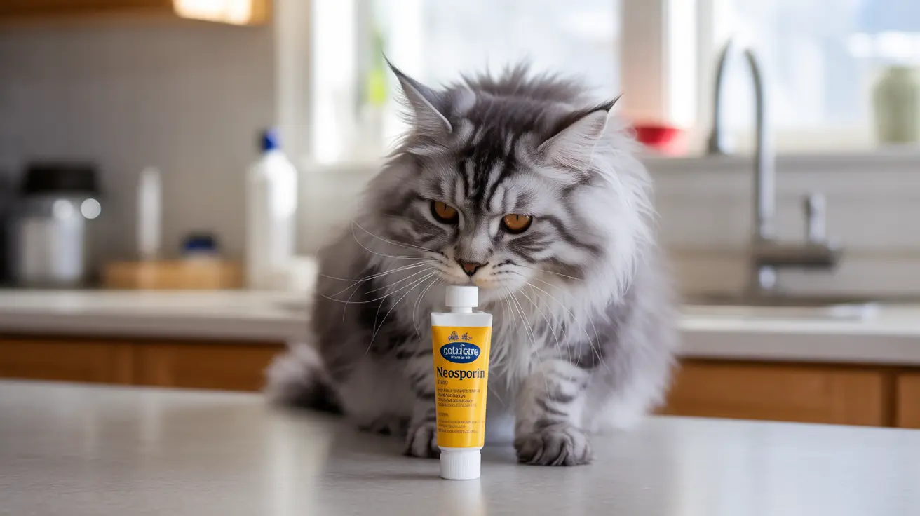 ふわふわのメインクーン猫がキッチンカウンターに置かれたネオスポリンのチューブの隣に座っている様子