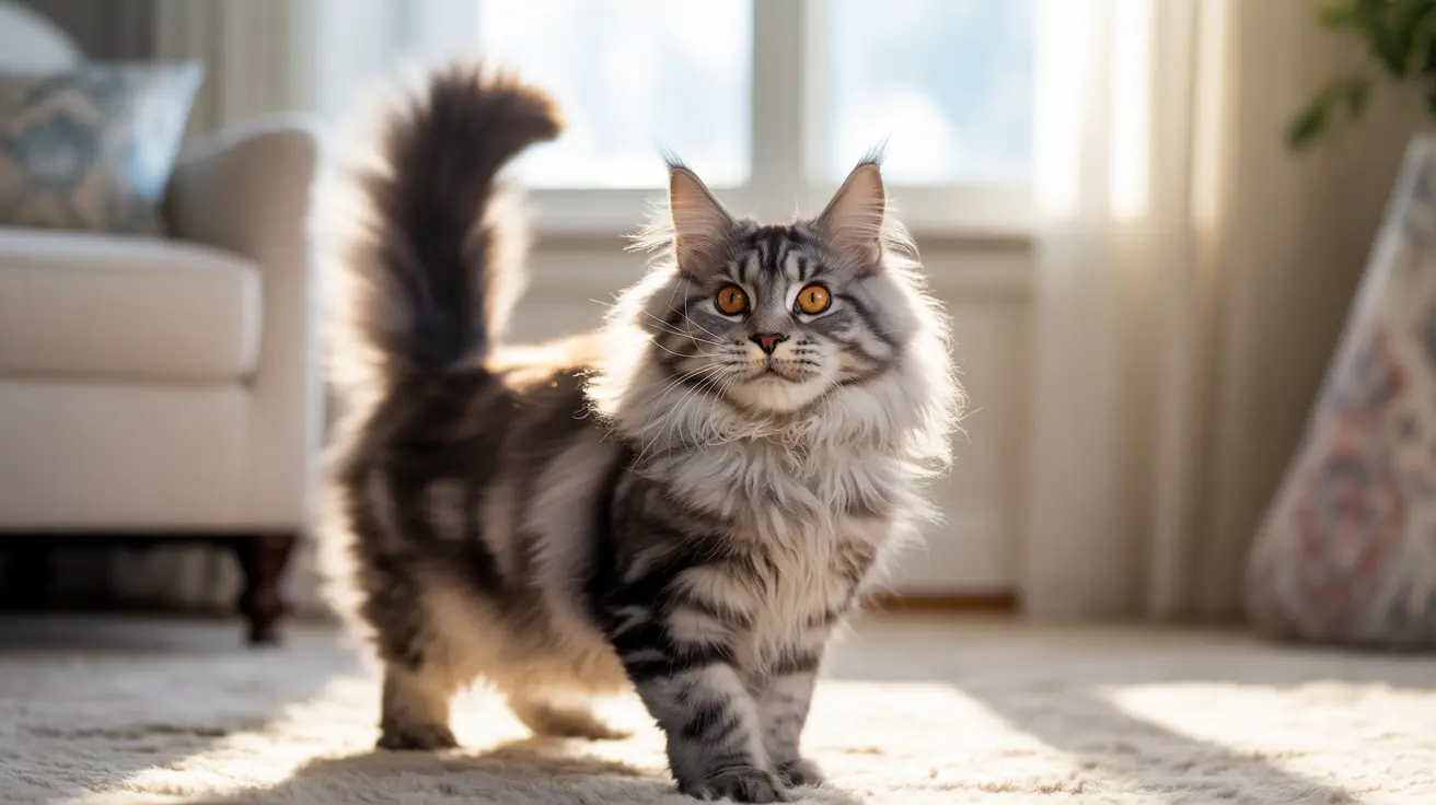 Fluffy Maine Coon cat with orange eyes standing alert on carpet in sunlit living room