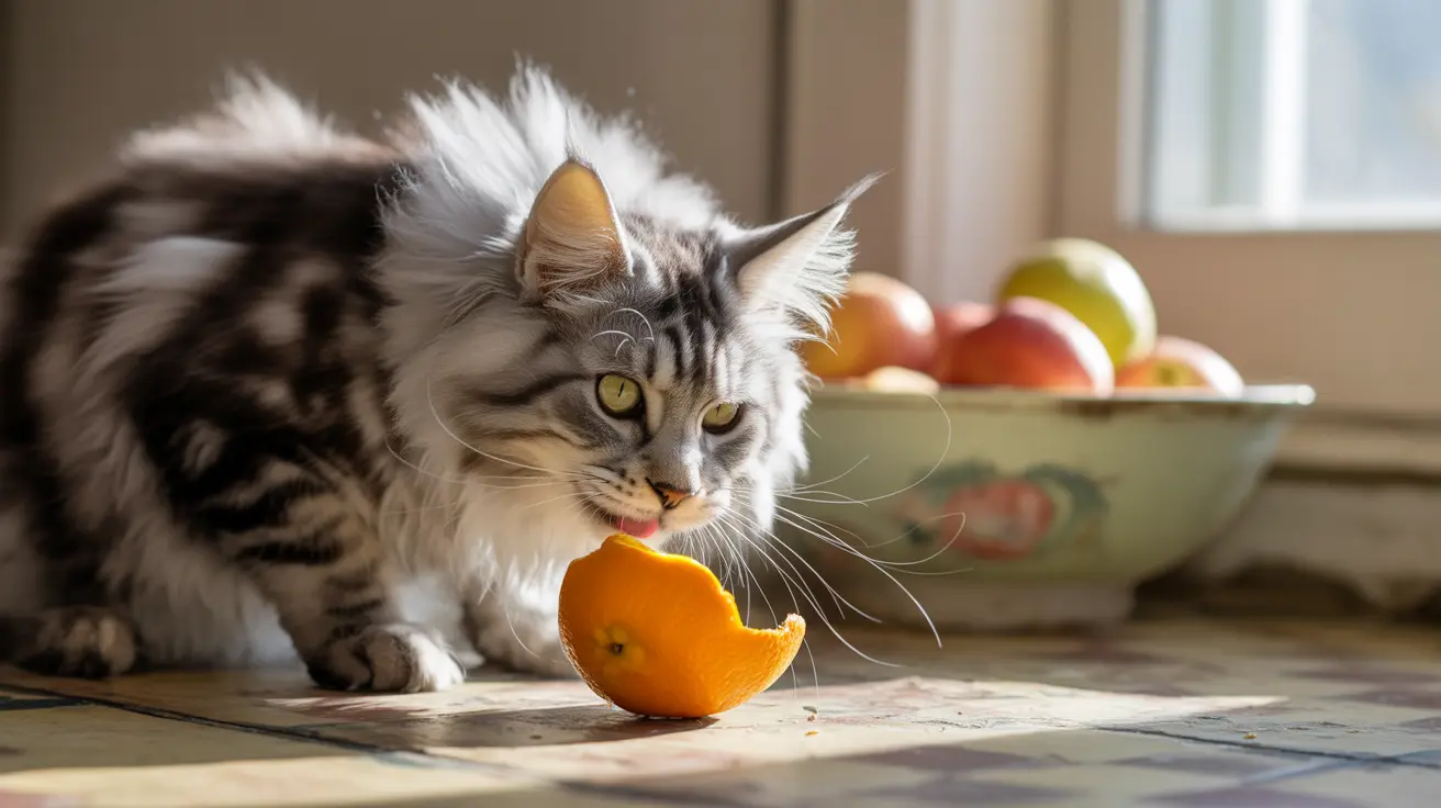 A fluffy Maine Coon cat examining an orange peel near a bowl of fruit by a window