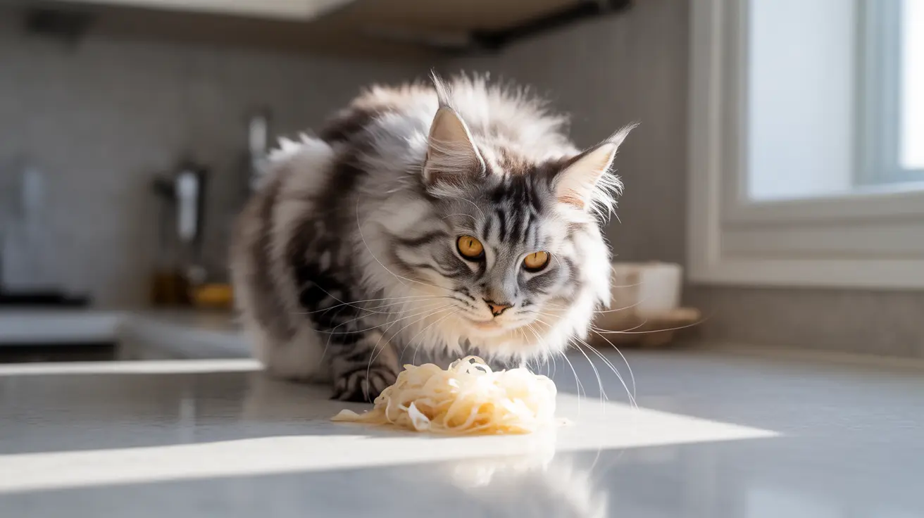 A fluffy Maine Coon cat sitting near a pile of pasta on a kitchen counter