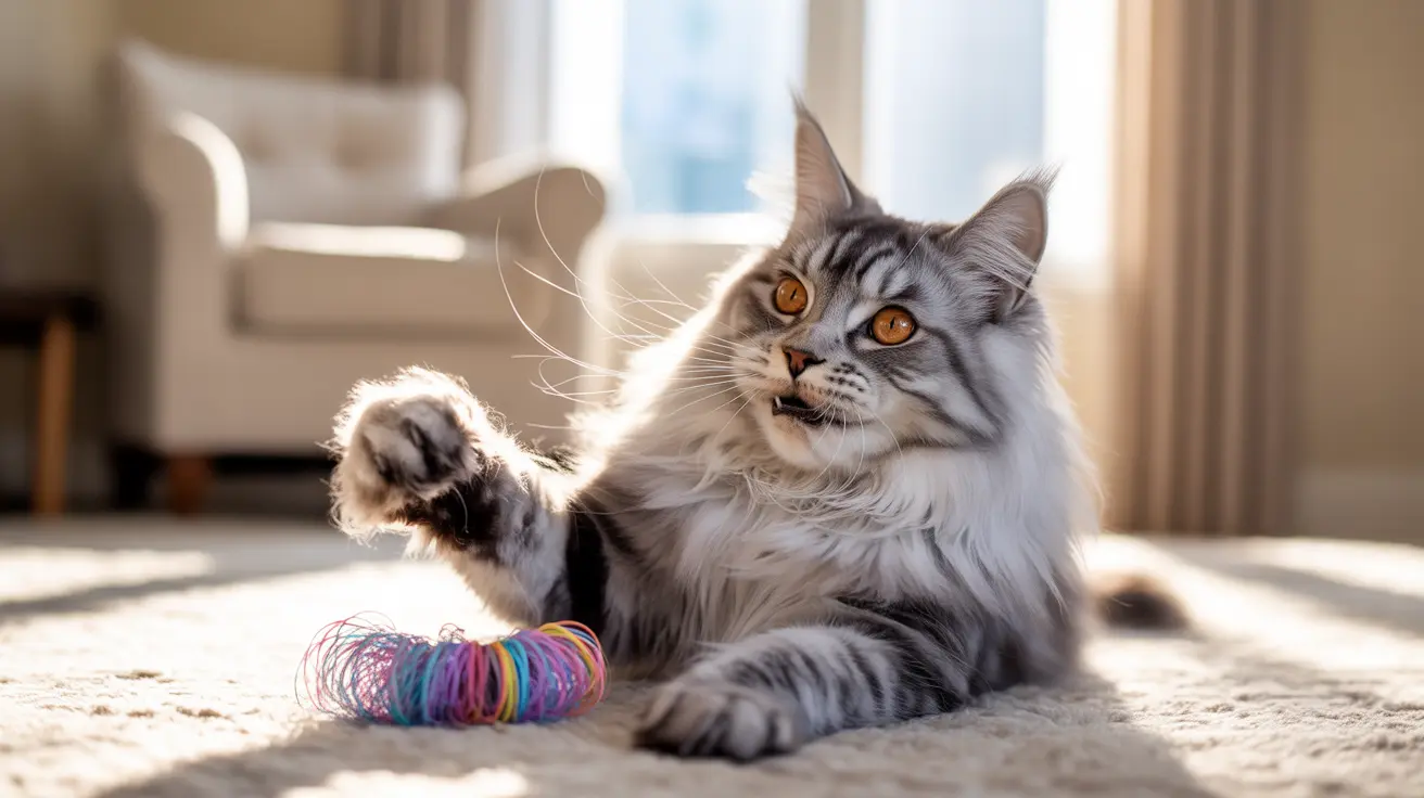 A fluffy silver and white Maine Coon cat playing with a colorful toy on a sunlit carpet