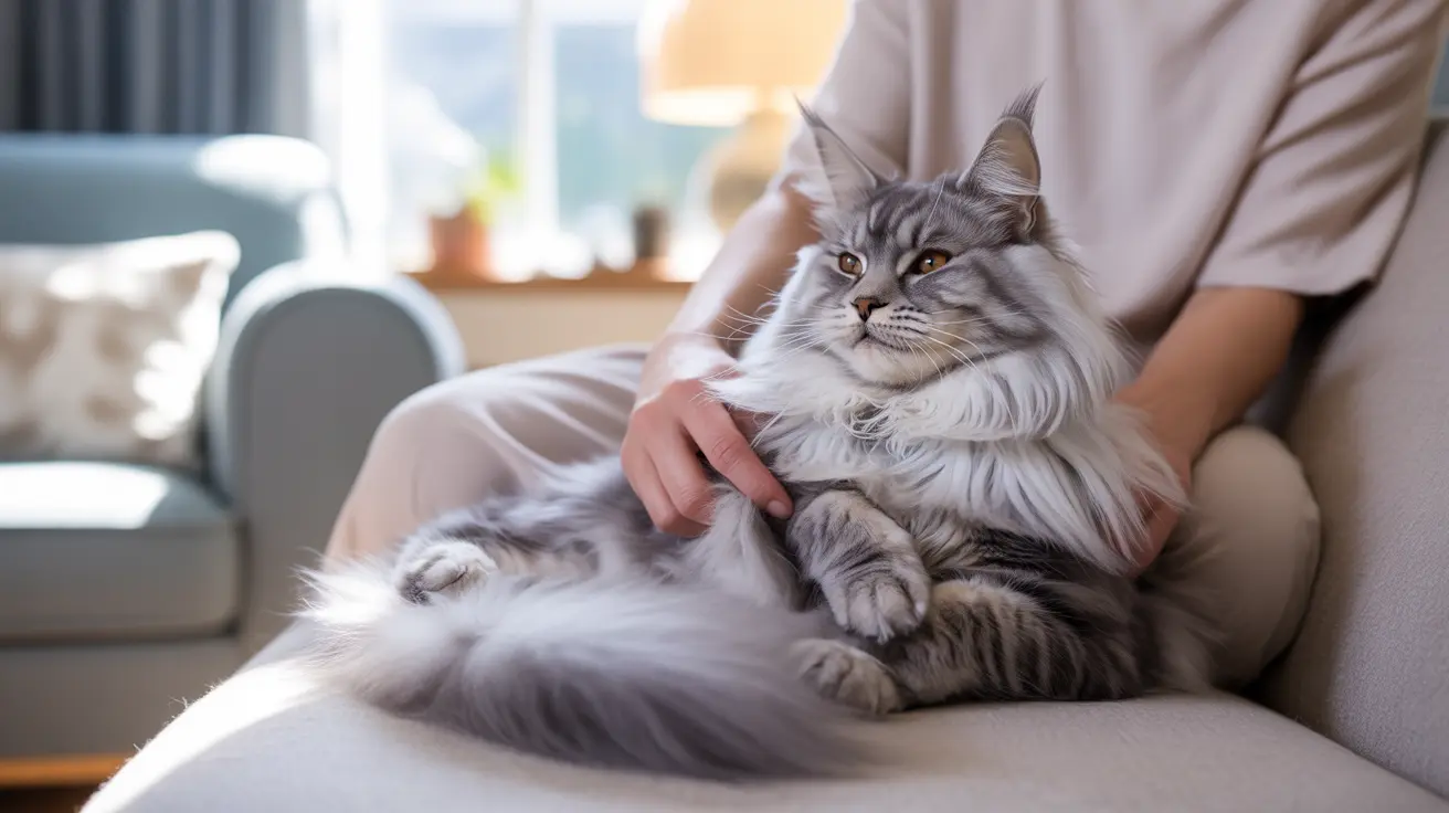 Fluffy Maine Coon cat being gently petted on a beige couch in a bright living room