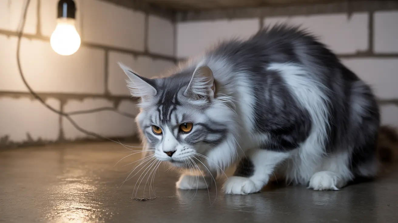 A fluffy black and white Maine Coon cat sitting alertly on a reflective floor beneath a hanging light bulb