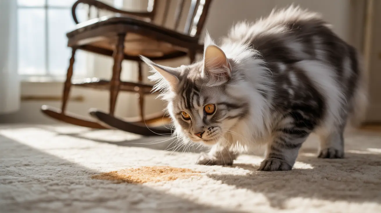 A fluffy Maine Coon cat sitting near a rocking chair, looking alert and focused