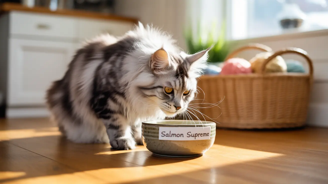 明るいキッチンで「サーモンスプリーム」とラベルが付いた食器から食べているふわふわのメインクーン猫