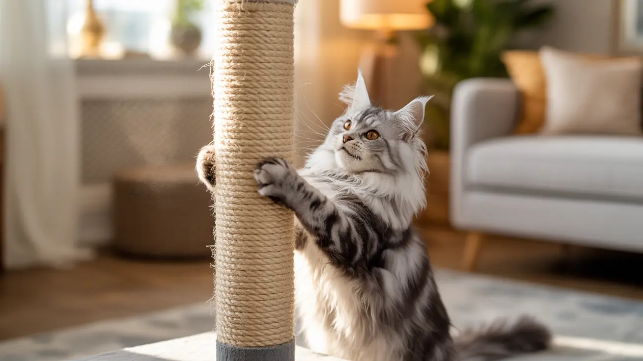 Fluffy silver and white Maine Coon cat scratching a rope-wrapped post in a bright living room
