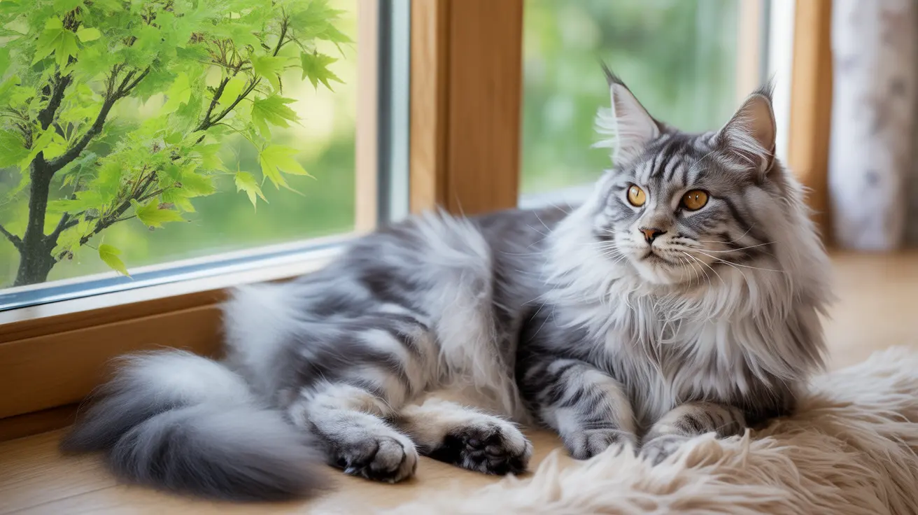 Fluffy Maine Coon cat with silver tabby markings lying on a soft blanket by a window