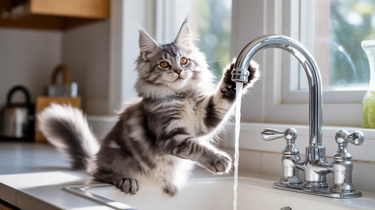 A fluffy Maine Coon cat sitting by a kitchen sink, playfully touching a running water faucet