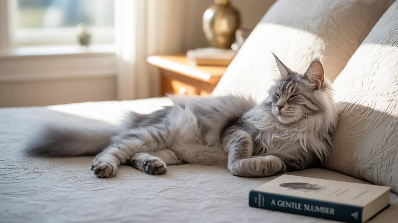Un gato Maine Coon gris y peludo duerme plácidamente en un sofá claro cerca de una ventana.