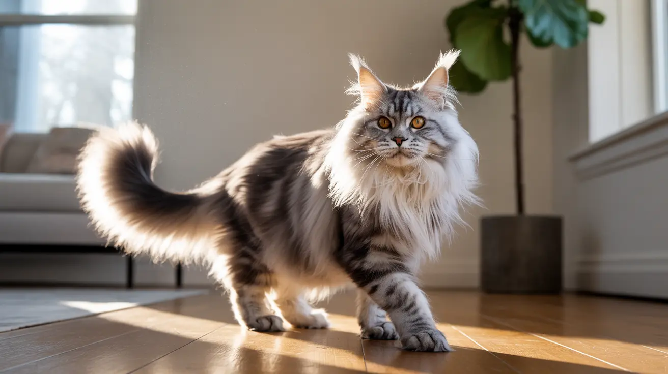 Fluffy Maine Coon cat with ear tufts standing on sunlit hardwood floor in modern home