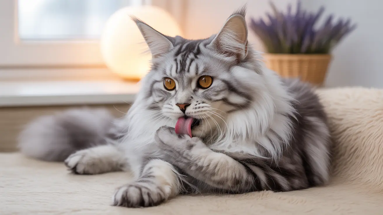 Fluffy silver and white Maine Coon cat sitting and playfully sticking out its tongue