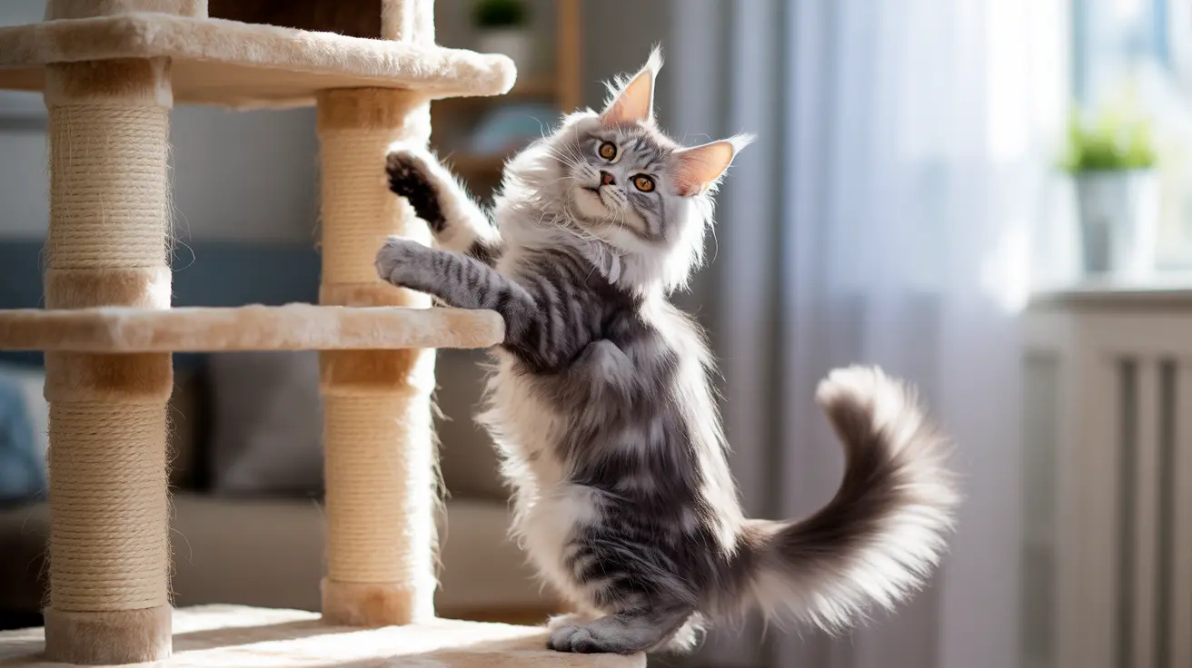 A fluffy Maine Coon cat playfully stretching and balancing on a cat tree near a window.