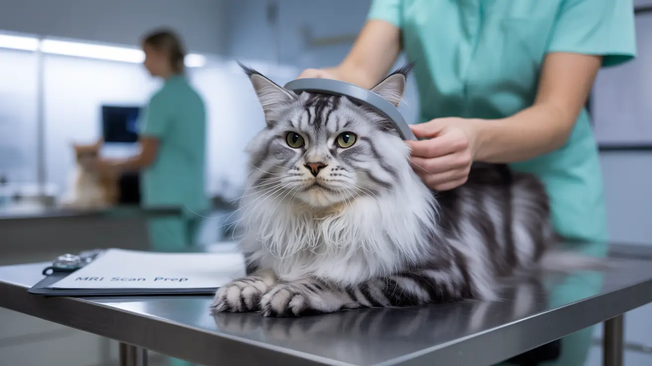A fluffy silver and white Maine Coon cat on an examination table during a veterinary check-up.