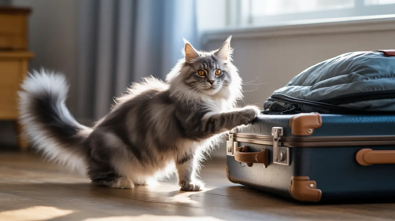 A fluffy Maine Coon cat reaching out towards a vintage suitcase near a bright window