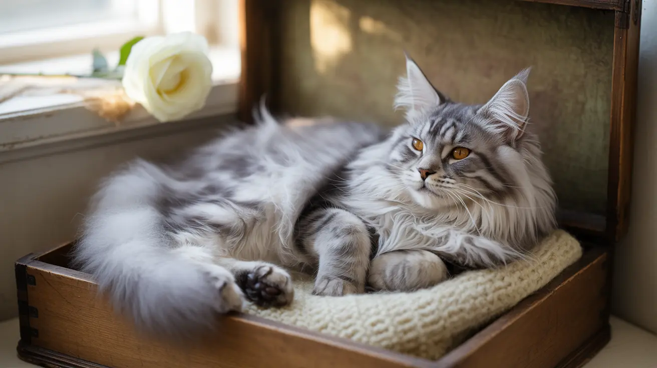 A fluffy silver and white Maine Coon cat resting in a wooden box with a soft cushion near a window