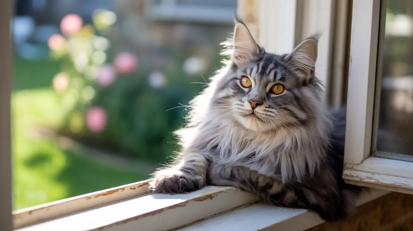 Fluffy Maine Coon cat with amber eyes sitting on white windowsill looking out at a garden