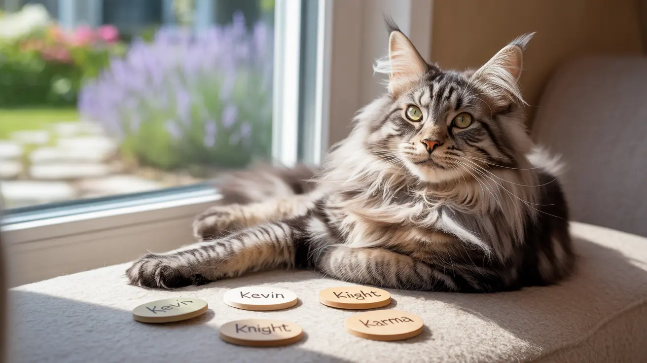 A fluffy Maine Coon cat lounging by a window with wooden name discs in front of it
