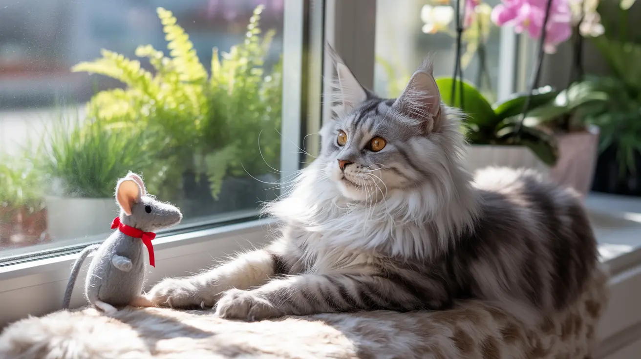 A fluffy Maine Coon cat sitting by a window with a small stuffed mouse toy