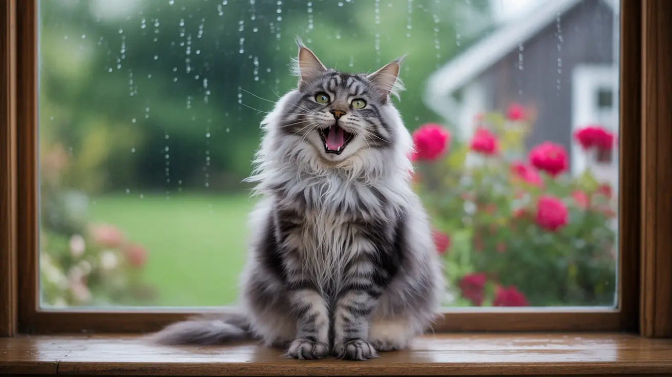 Fluffy Maine Coon cat sitting on a windowsill with an open mouth during a rainy day